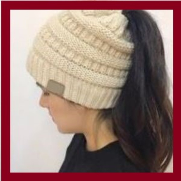 Accessories - Ladies Stretch Knit Ponytail Beanie Hat